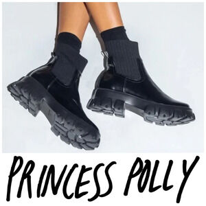 NEW Princess Polly A La Mode Ribbed Sock Booties Sz US 7 UK 5 Black Patent NWOB